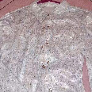 White shimmer button down